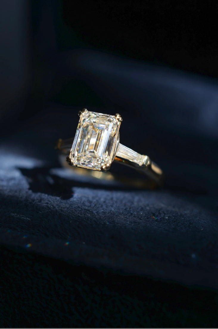 Emerald Cut and tapered baguette gold engagement ring brisbane