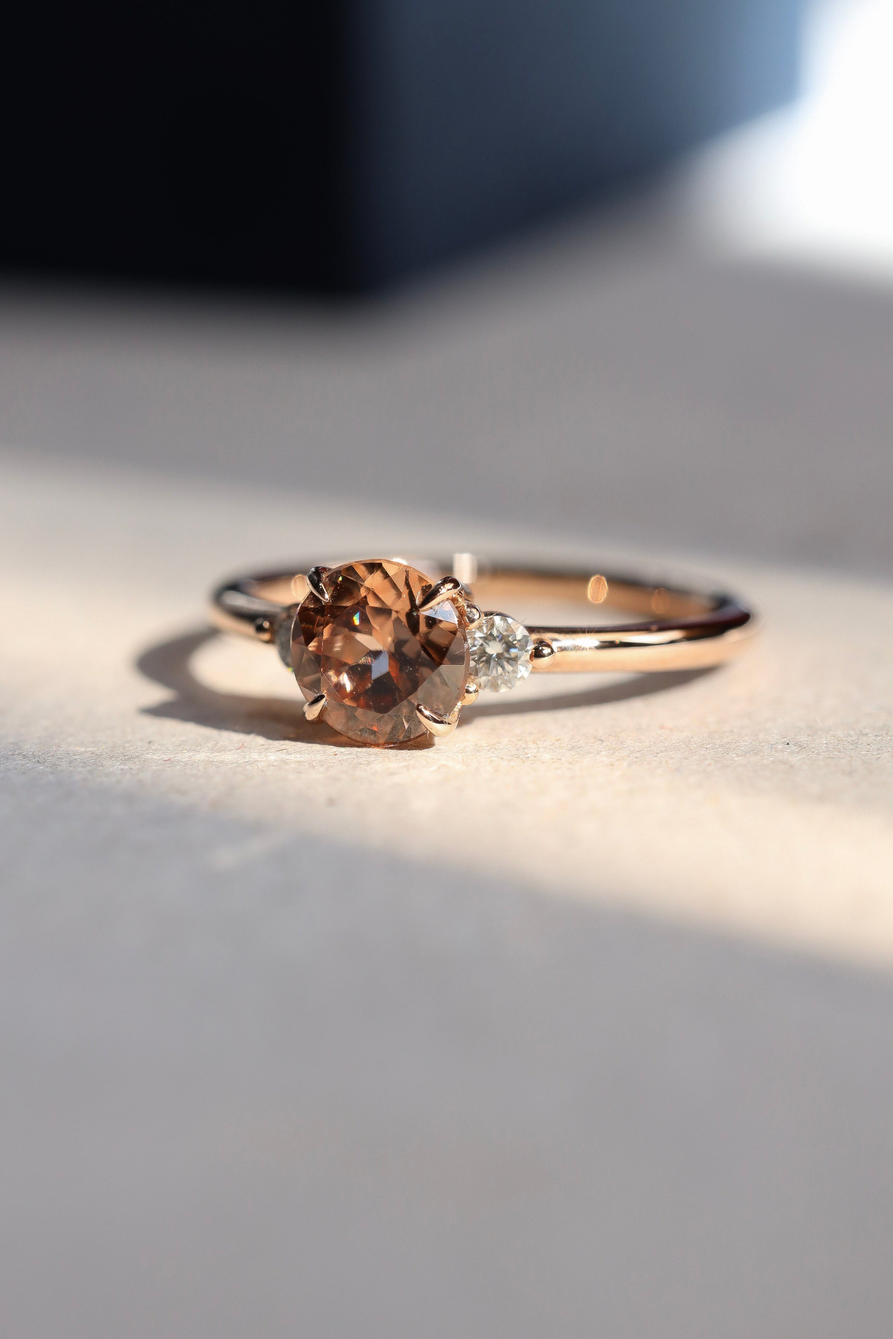 peach zircon and diamond ring in rose gold