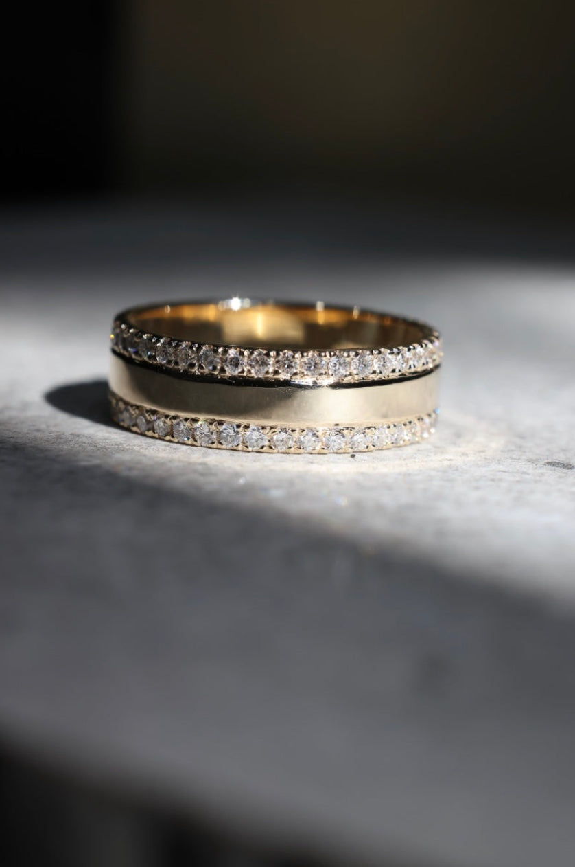9ct Yellow Gold Double Edge Diamond Set Cigar Band 