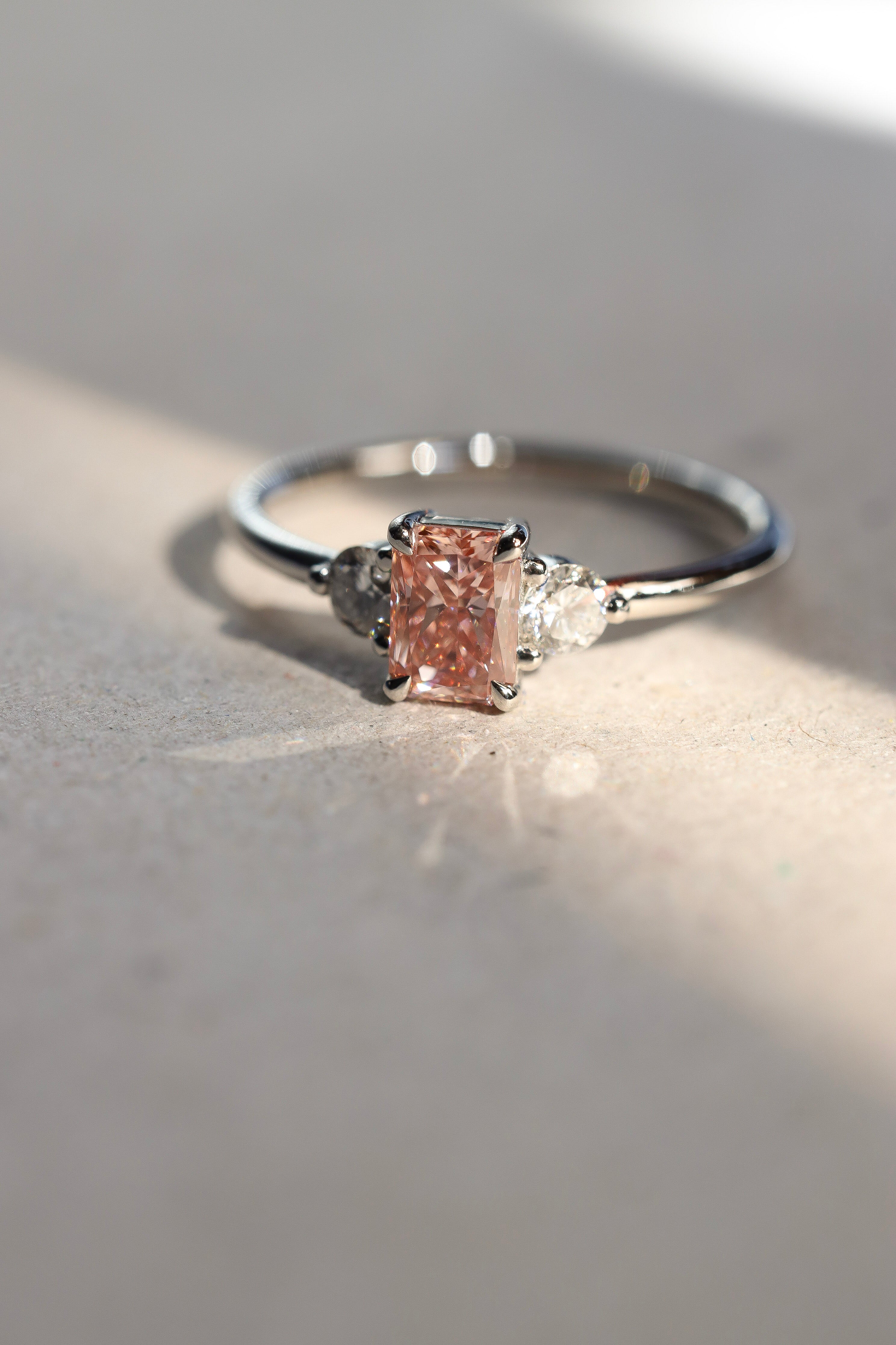 pink lab grown diamond ring in platinum