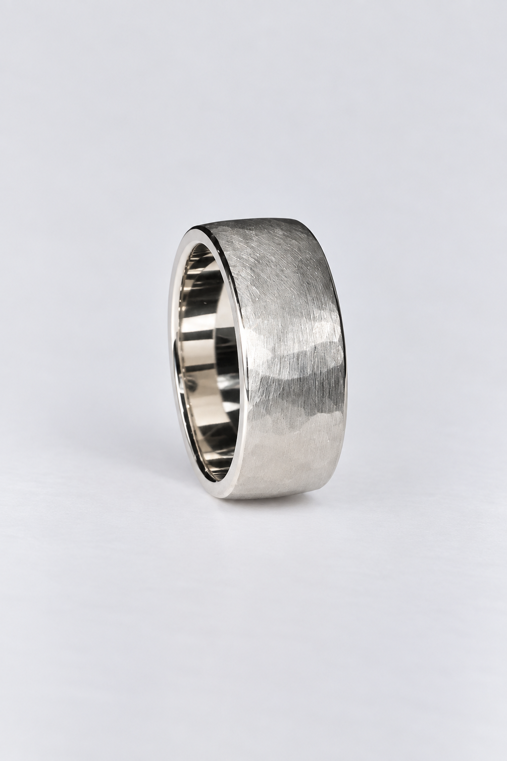 mens platinum wedding ring, hammered texture, brushed finish